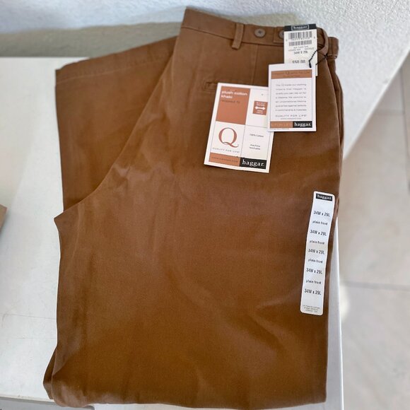 NWT Haggar Plush Cotton Relaxed Fit Mens 34W X 29L Brown Pants Plain Front - Picture 1 of 8